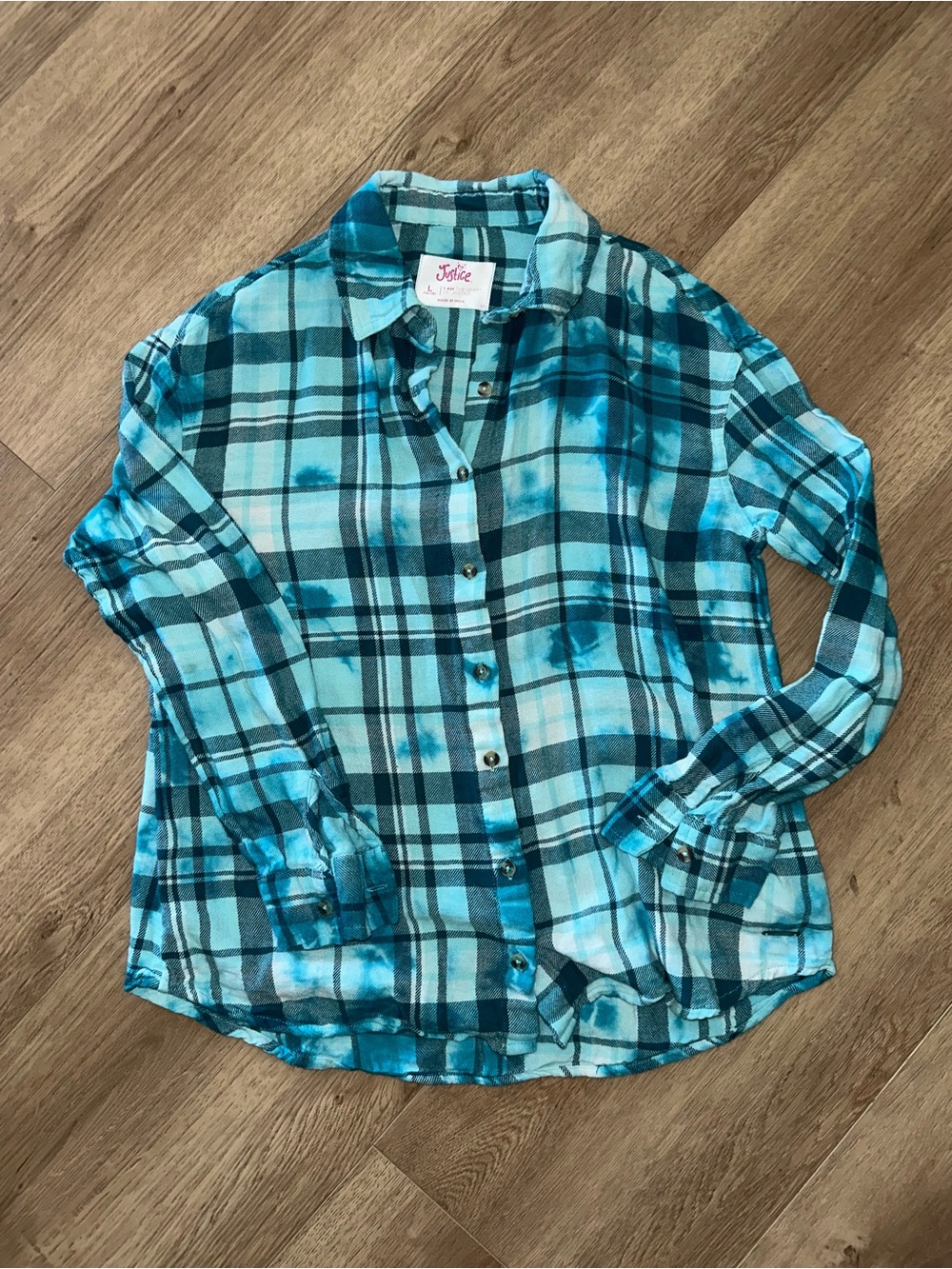 Justice Teal & Aqua Plaid Button-Down Shirt